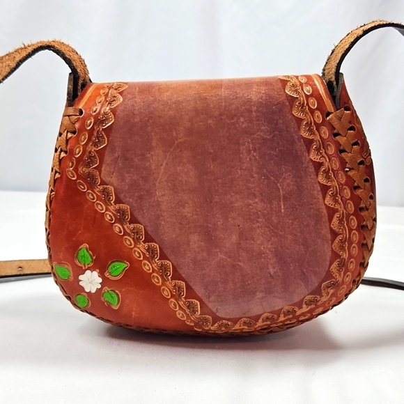 Handcrafted Vintage Brown Leather Braided Floral Bag - Picture 6 of 7